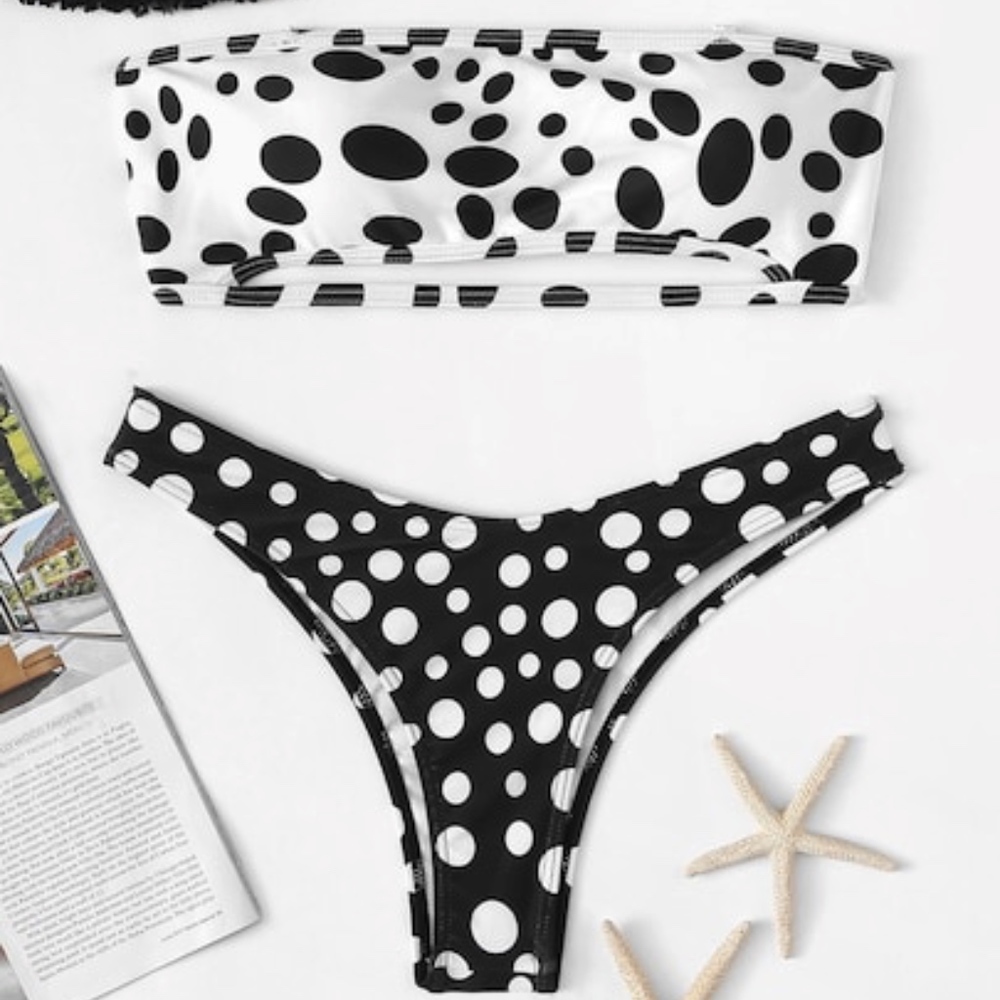 Polka Dot Print Bandeau & High Leg Bikini